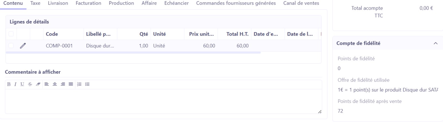 1.1. Accès: Config applicative → Référentiel → Tiers → ouvrez l’onglet Client → cliquez sur **+** sur le compte Fidélité → l’encart “Compte de fidélité” va apparaître dans le panel à droite d’un devis / commande / facture .