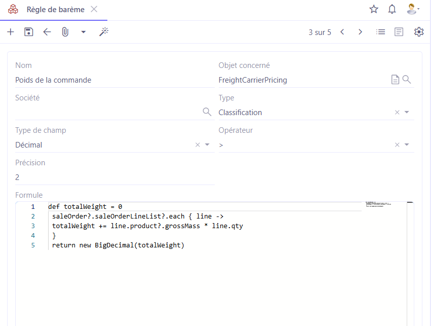 1.1. Sur l'image : une règle de barème de type Classification.