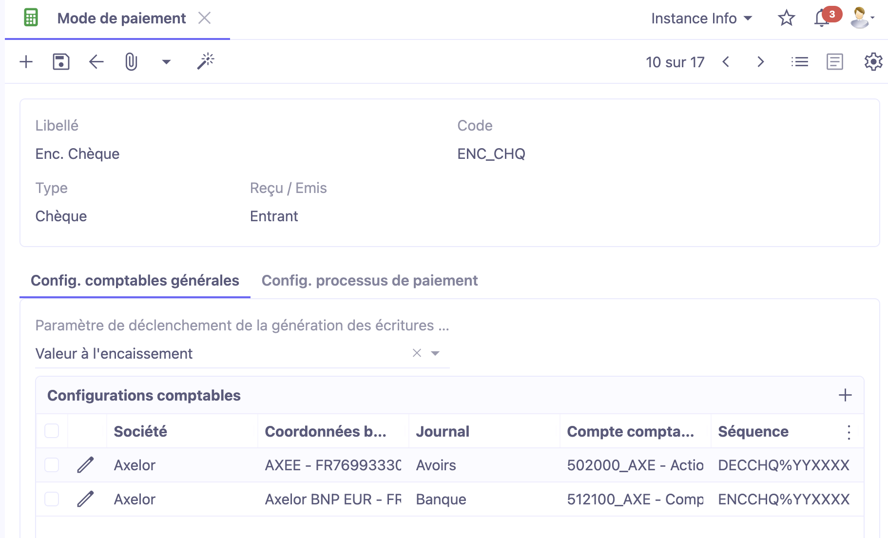 1.1. Accès : Comptabilité → Configuration → Paiement → Modes de paiement → sur la liste de modes de paiement, ouvrez Encaissement Chèque.