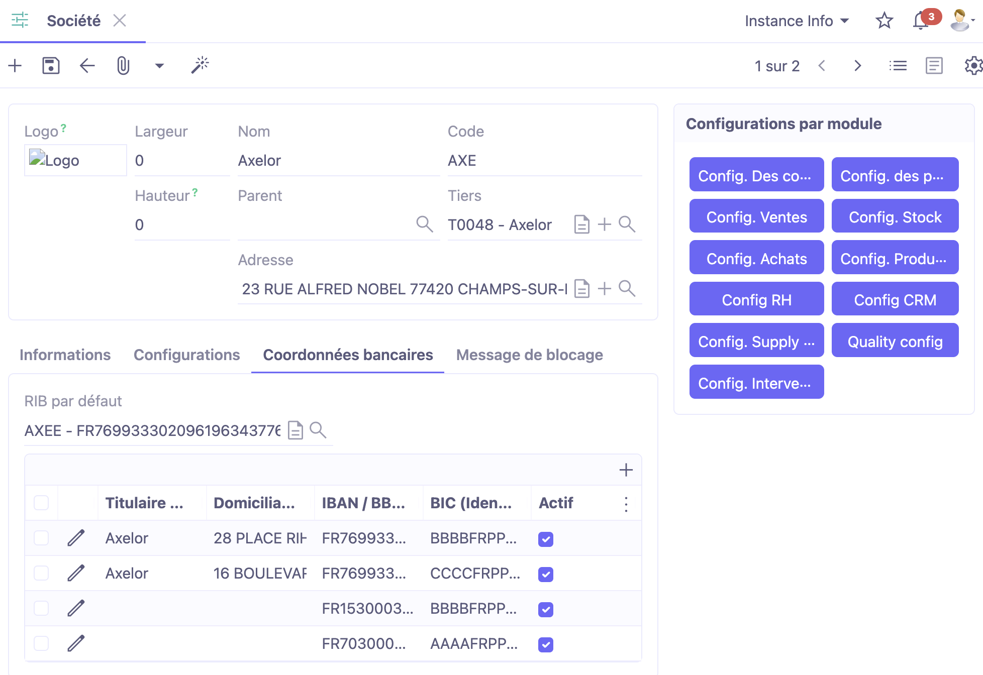 1.1. Accès : Config applicative → Utilisateurs/Société → Société → onglet RIB / Coordonnées bancaires.