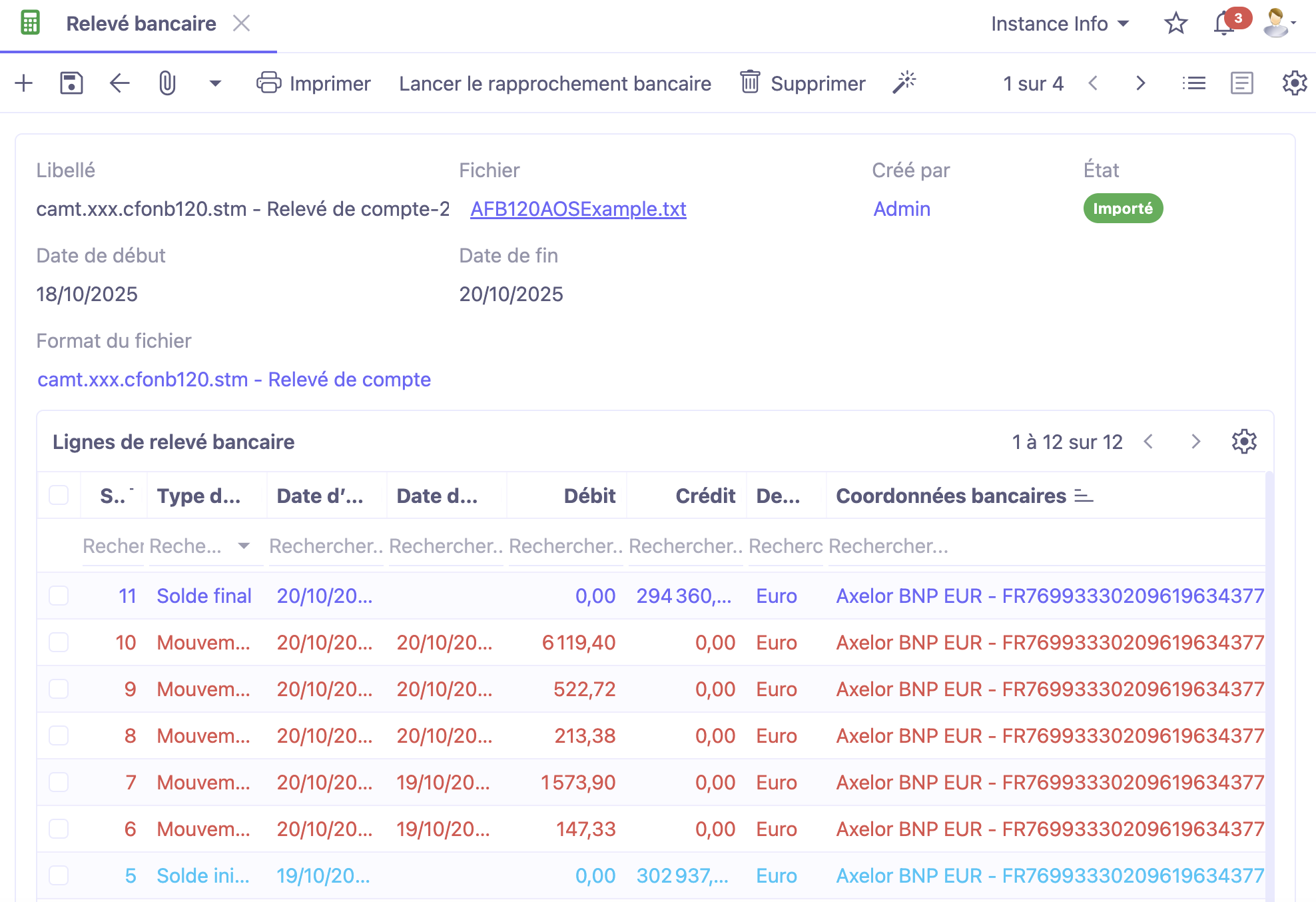 1.1. Accès : Comptabilité → Relevés bancaires → Relevés bancaire.