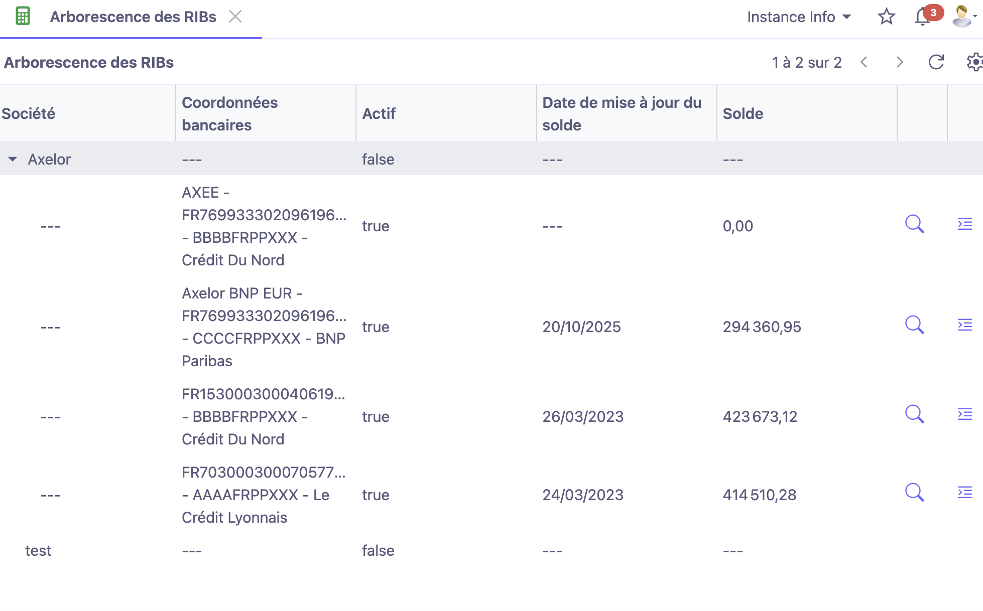 1.1. Accès : Comptabilité → Relevés bancaires → Arborescence des RIBs.