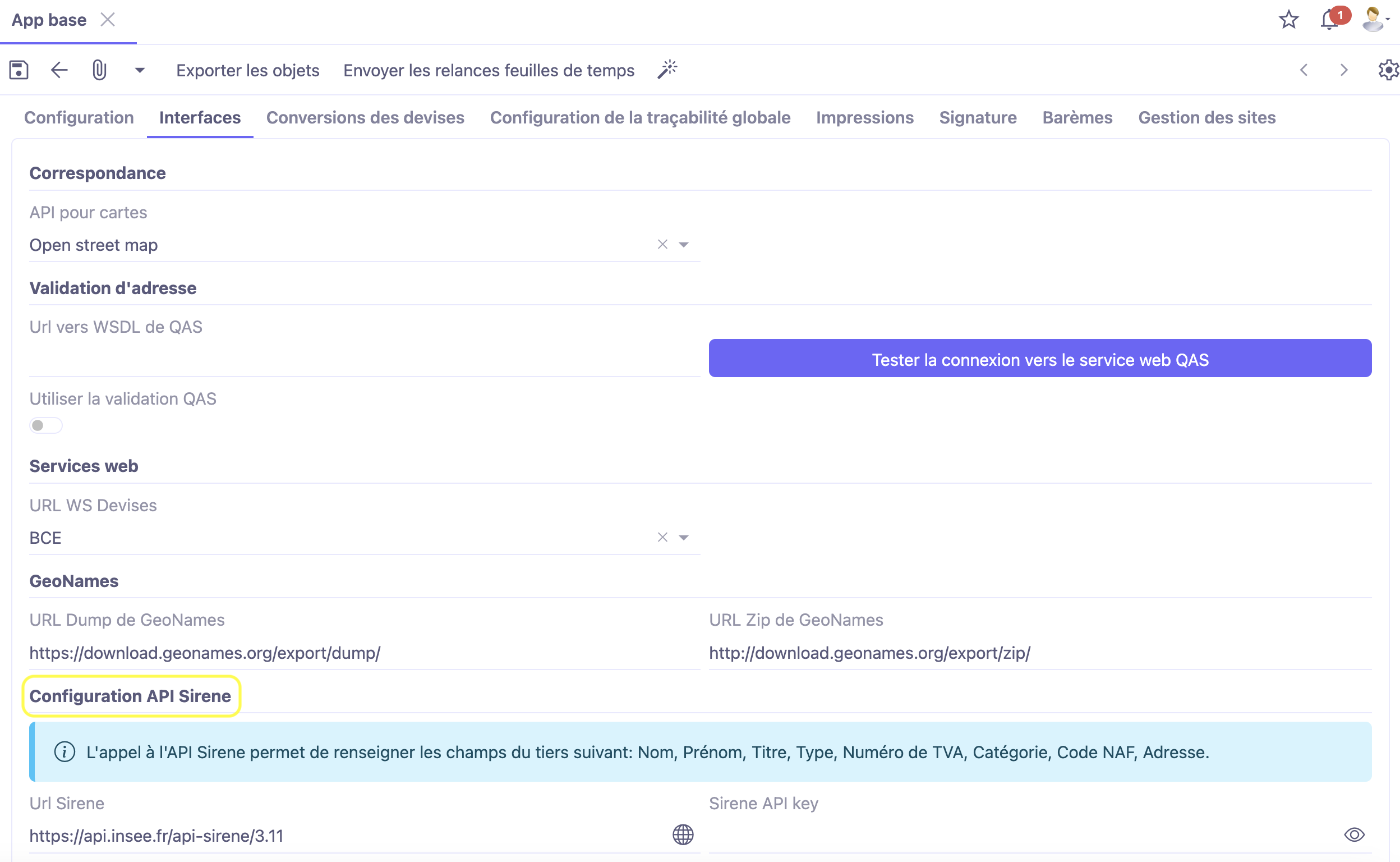 1.1. Accès : Config applicative → Gestion des applications → Base, configurer → Interface → Configurations API SIRENE. Contrairement à l'ancienne version, l’utilisateur doit renseigner seulement deux champs : URL Sirene et le champ Sirene Api Key.