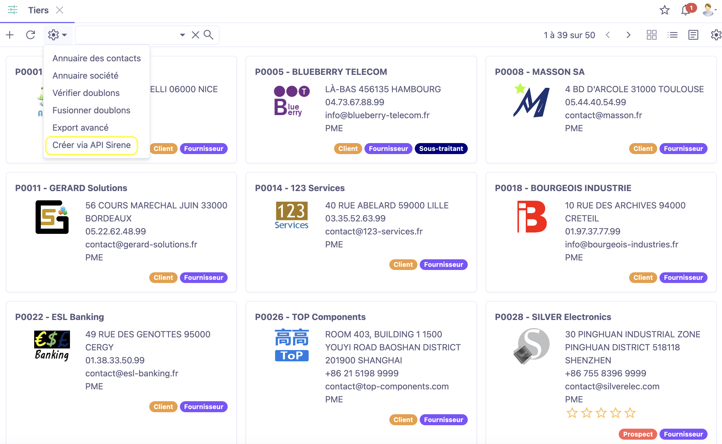 1.1. Accès : Config applicative → Référentiel → Tiers. Ouvrez la liste de Tiers. En haut de la page, cliquez sur le bouton “Créer via Api Sirene”. Ce bouton vous permet de créer un partenaire via Api Sirene. Soit, ouvrez la fiche de tiers et cliquez sur le bouton Outils et sélectionnez l’action “Remplir via API SIRENE”.