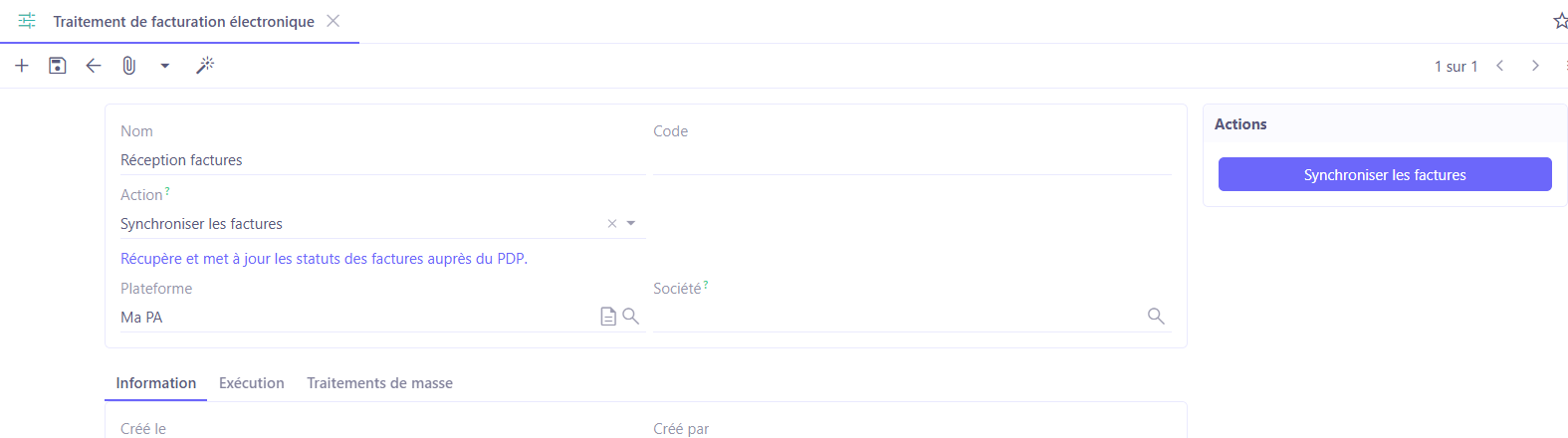 Formulaire de paramétrage d'un batch E-Invoicing : action, plateforme d'accès et société cible.