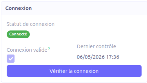 Panneau latéral de connexion avec le bouton « Vérifier la connexion » et le résultat du test de connectivité.