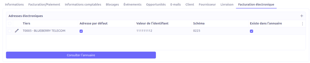 Panneau E-Invoicing sur la fiche d'un tiers : liste des adresses électroniques et bouton « Consulter l'annuaire ».