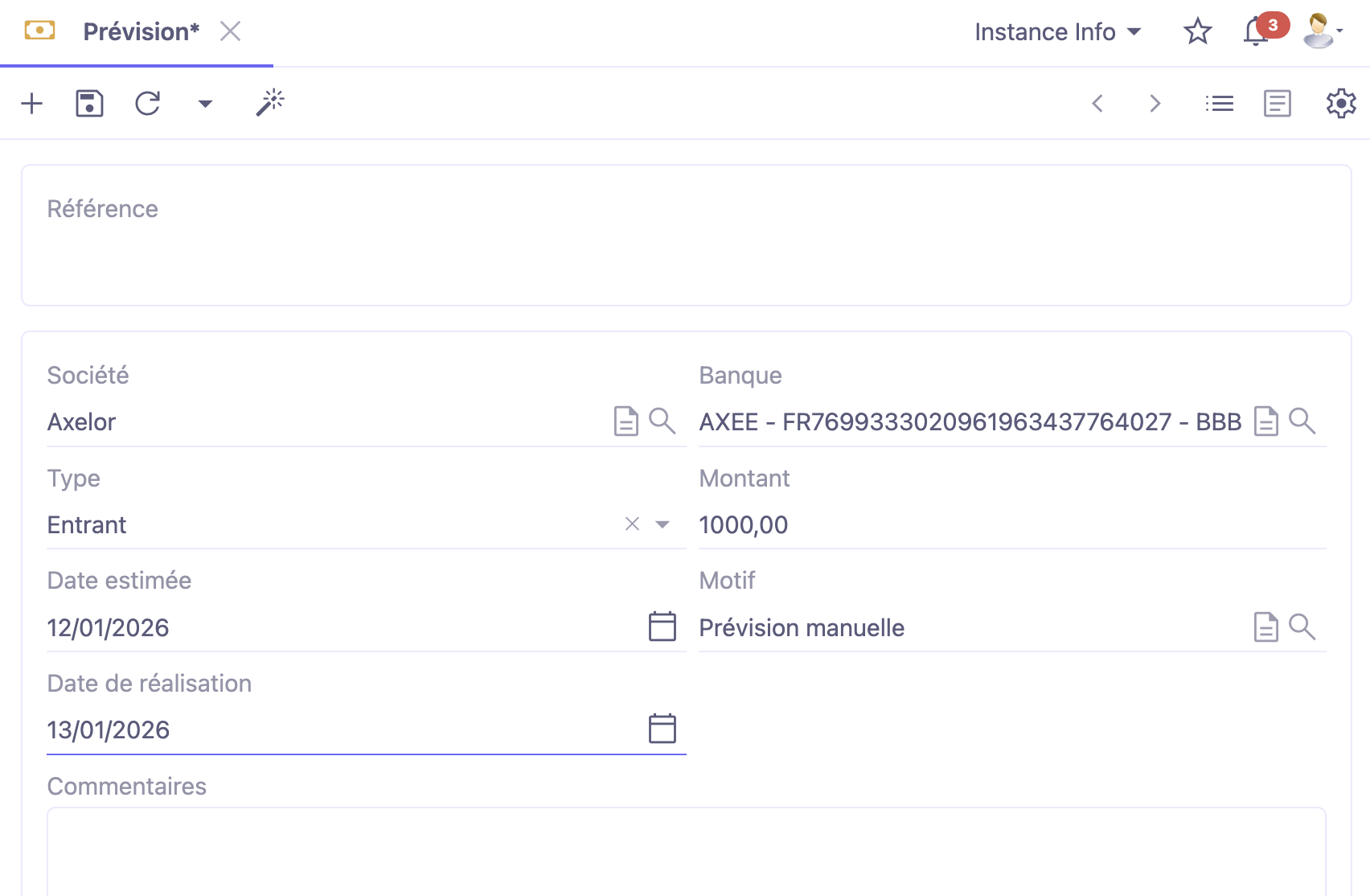 1.1. Accès : Prévisions de trésorerie → Configuration → Prévisions manuelles.