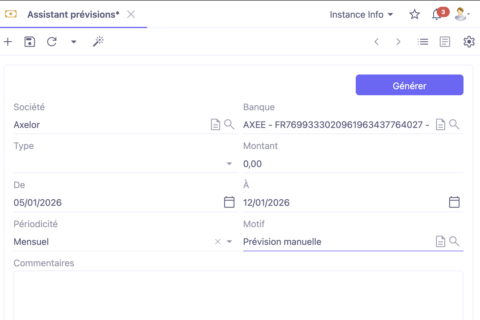 1.1. Accès : Prévisions de trésorerie → Configuration → Assistants prévisions.