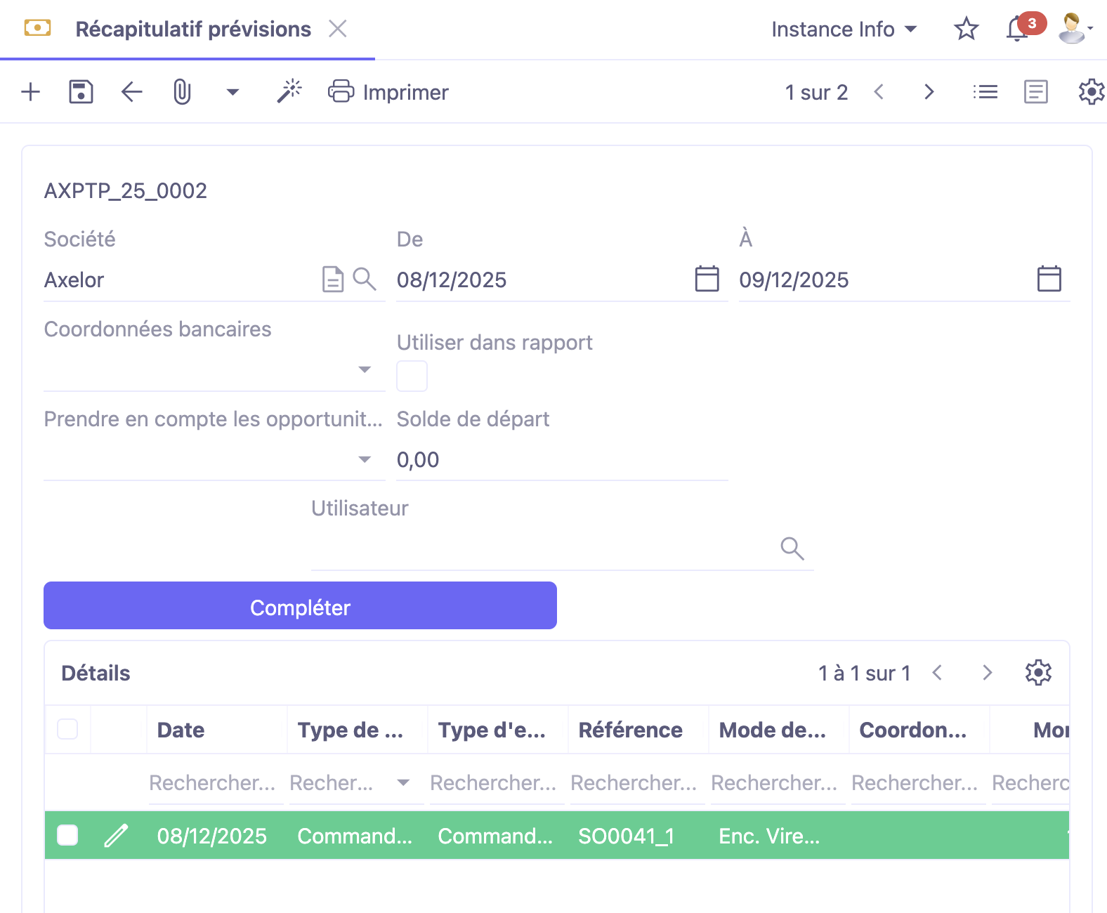 1.1. Accès : Prévisions de trésorerie → Récapitulatif prévisions.
