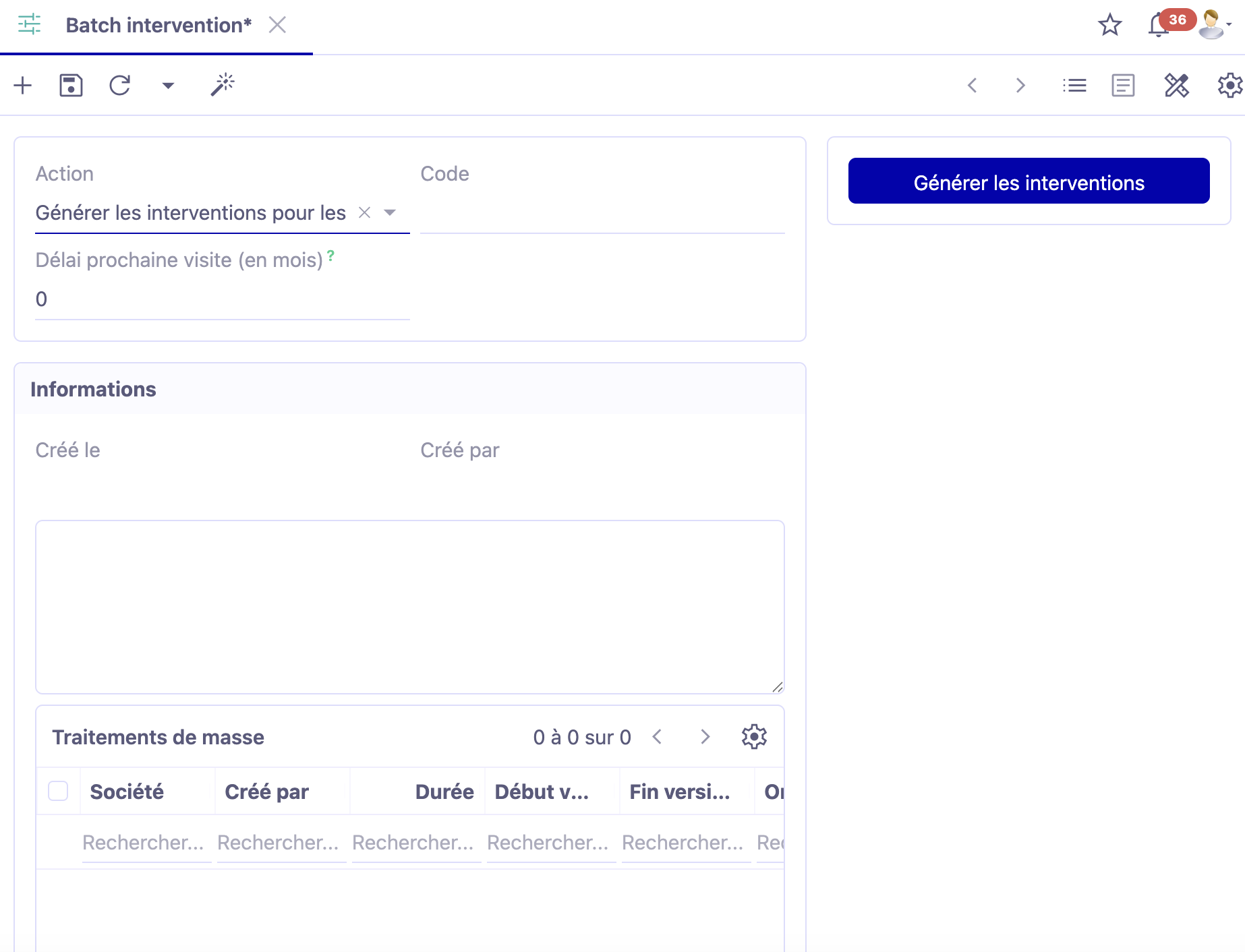1.1. Batch intervention “Générer les interventions pour les contrats actifs”.