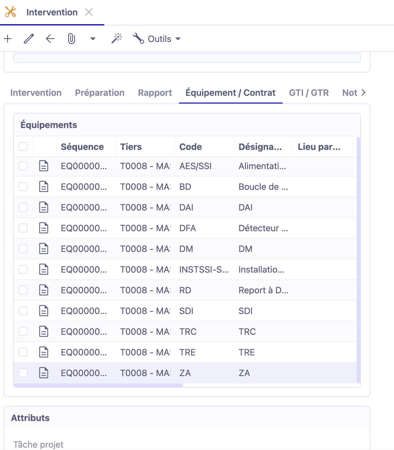 1.1. Onglet Équipements sur la fiche Intervention.