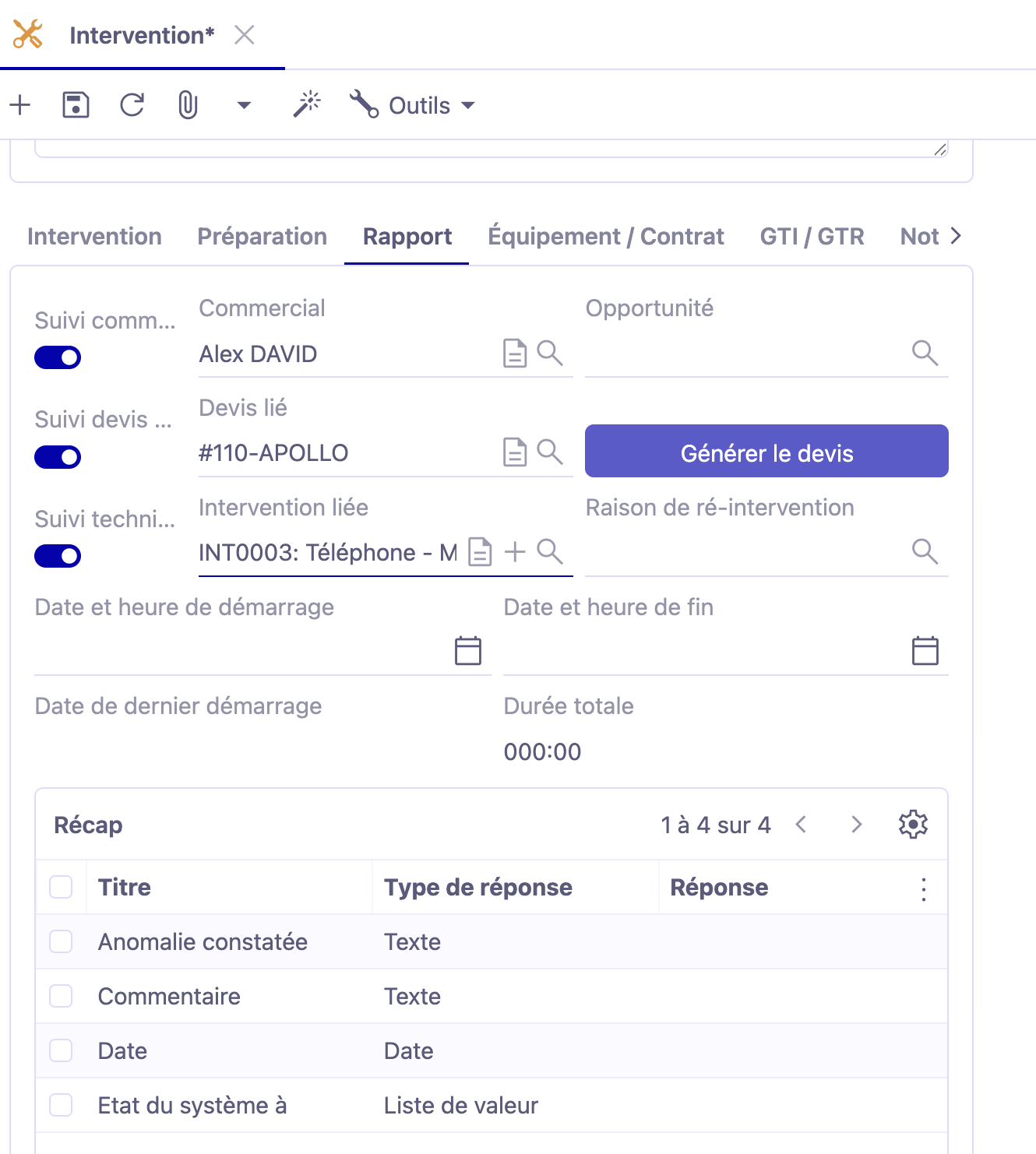 1.1. Onglet Rapport sur la fiche Intervention.