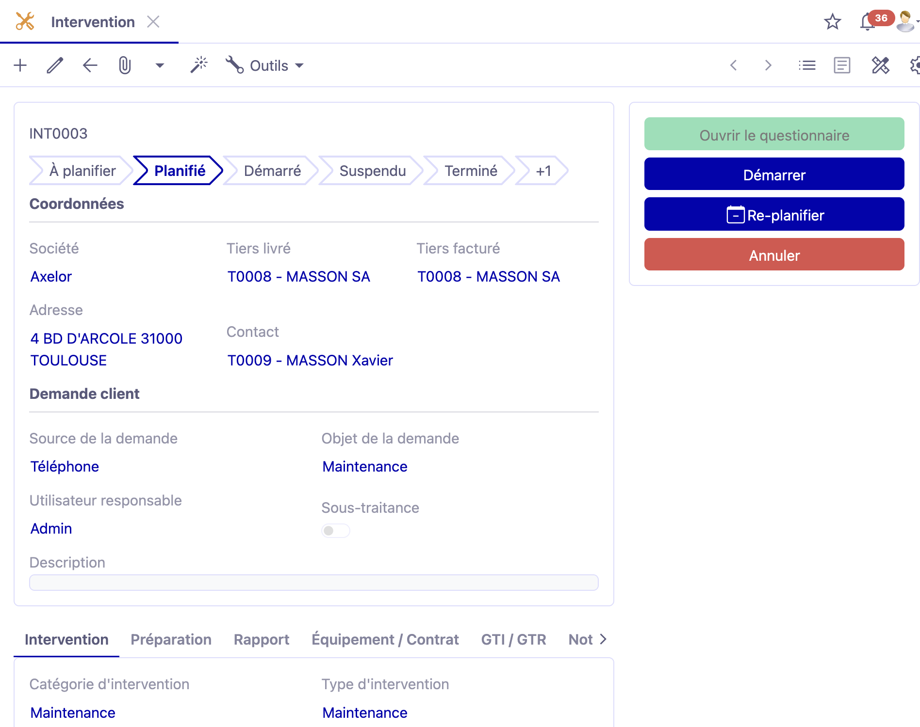 1.1. Fiche Intervention. Accès: Intervention → Intervention