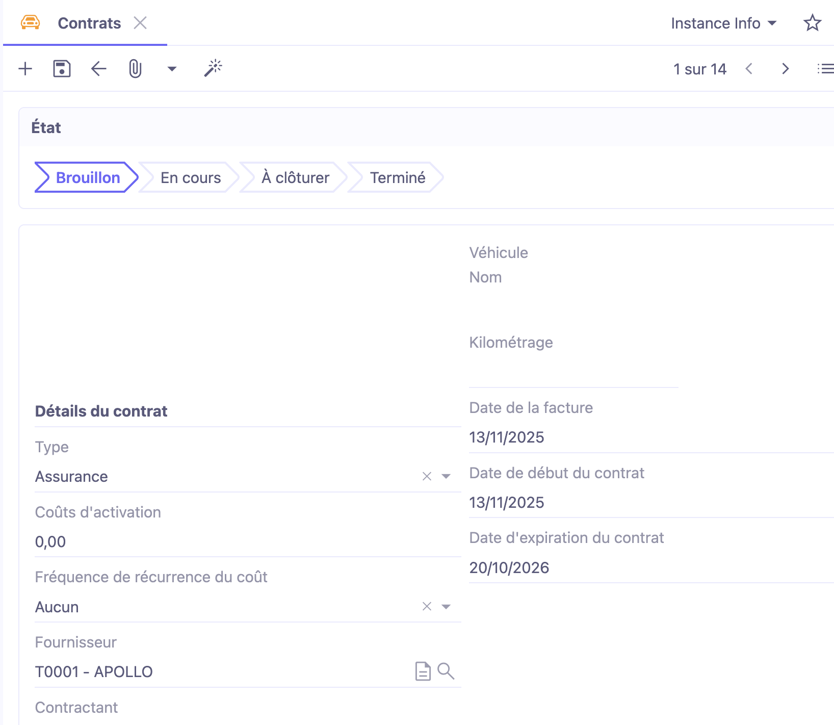 1.1. Accès : Parc automobile → Contrat.