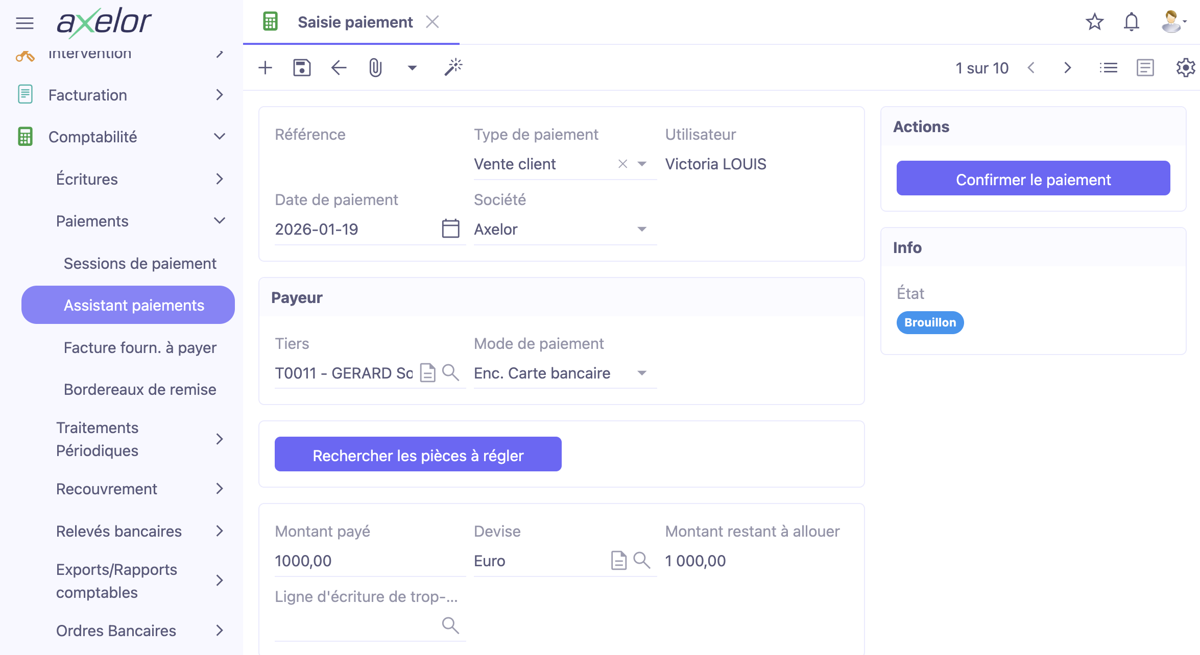 1.1. Accès : Comptabilité → Paiements → Assistant paiements.