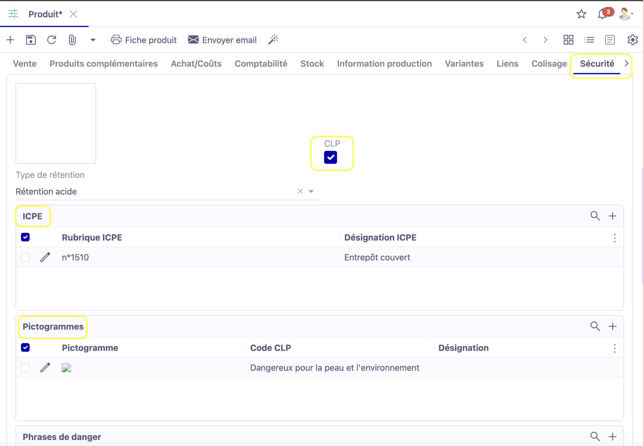 Accès: Ventes → Articles et prestations → ouvrir la fiche Produit → onglet Sécurité. Renseigner les informations différentes concernant le produit dangéreux (CLP / Type de rétention / ICPE / Pictogramme / Phrases de danger).