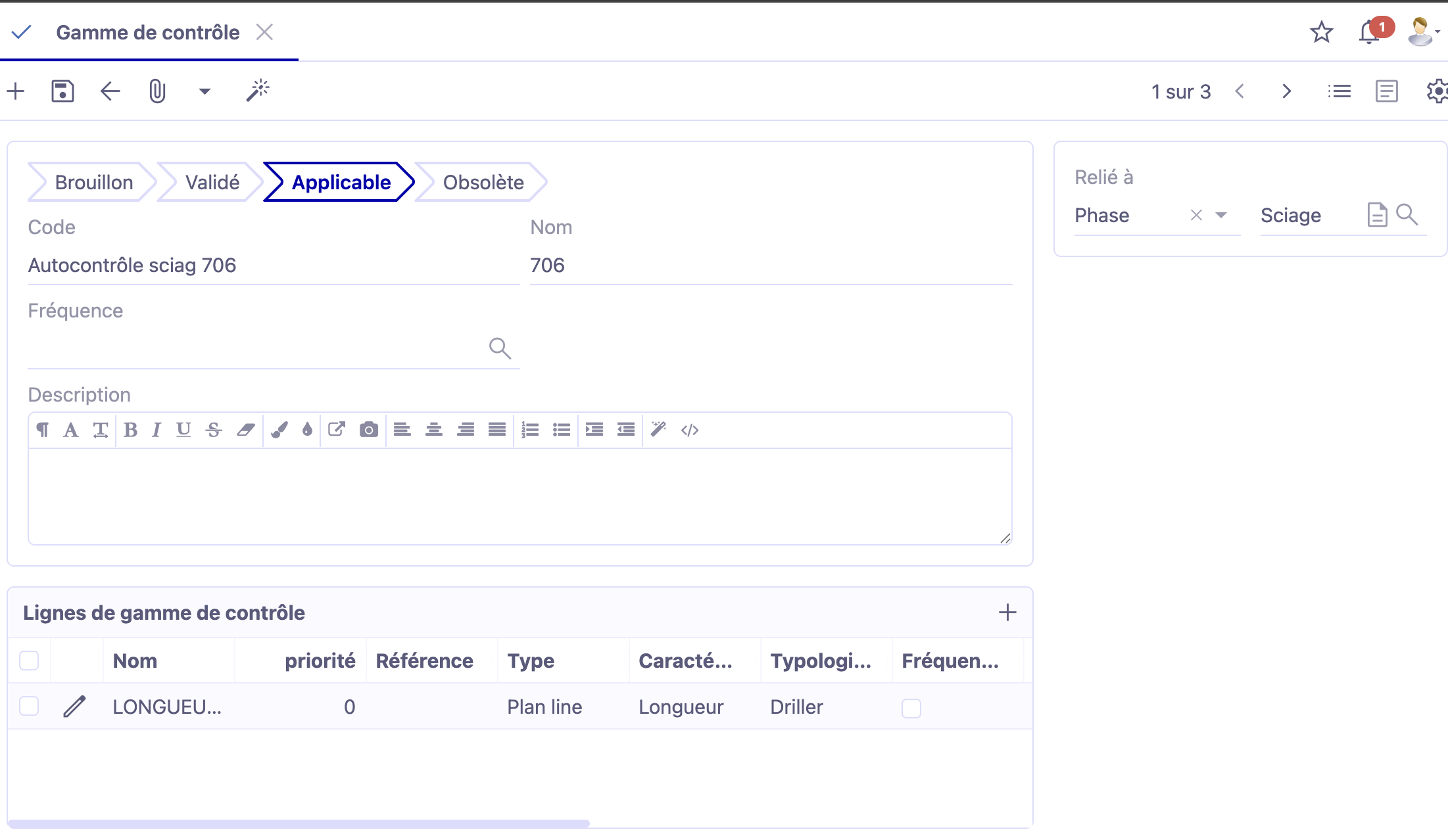 Accès : Qualité → Gammes de contrôle.
