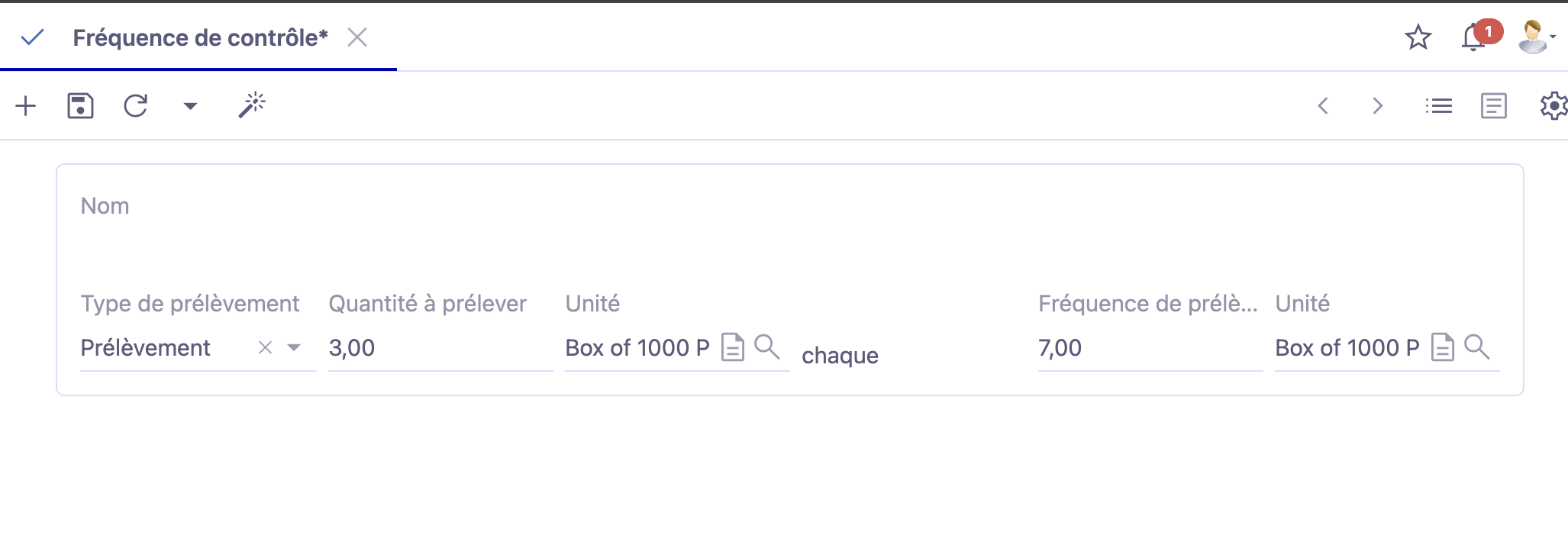 Accès : Qualité → Configuration → Fréquences du contrôle → +Nouveau. La fréquence de contrôle permet de définir à quelle fréquence sont réalisés les contrôles, ou à déterminer le nombre de pièces à prélever pour un contrôle. Elles sont indicatives et seront affichées dans la gamme de contrôle.