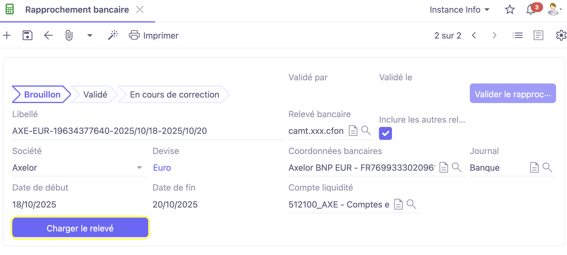 1.1. Accès : Comptabilité → Rappro. Bancaires → Rappro. Bancaires. Le bouton “Charger le relevé” permet de charger les lignes de relevé bancaire dans le tableau “Lignes de rapprochement bancaires”.