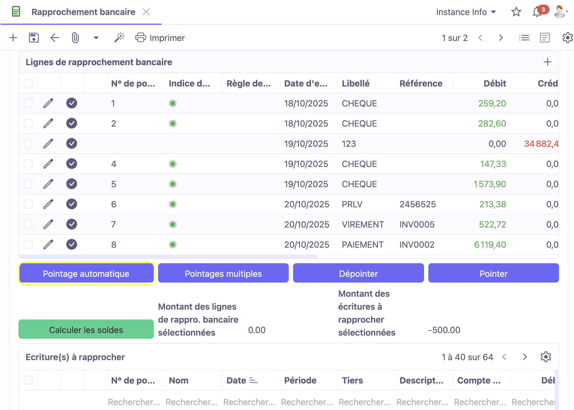 1.1. Accès : Comptabilité → Rappro. Bancaires → Rappro. Bancaires. Le bouton “Pointage automatique” permet de déclencher manuellement le mécanisme de pointage automatique.