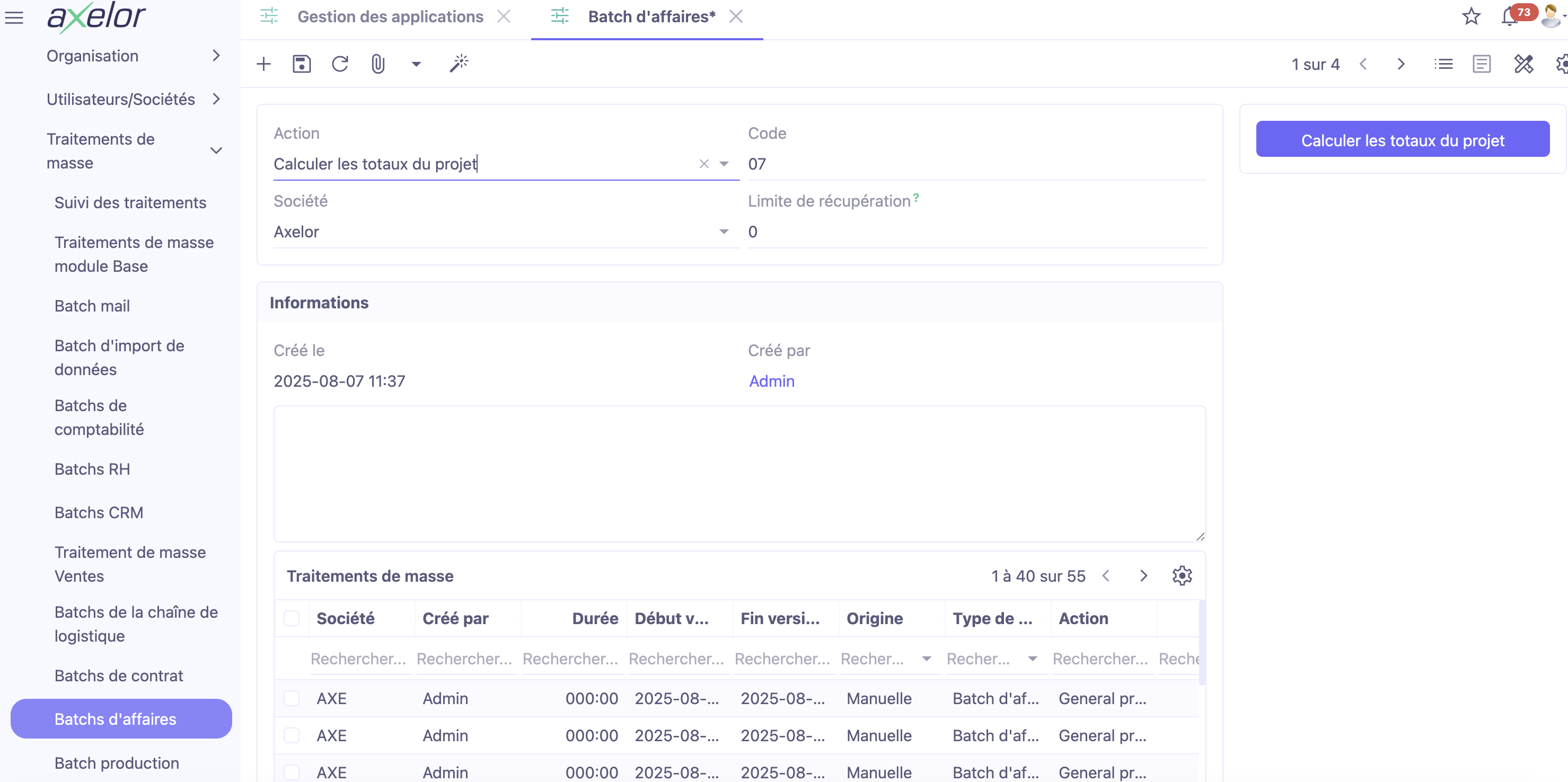 1.1. Batch Calculer les totaux du projet (Accès: Config applicative → Traitement de masse → Batch d’affaires → Calculer les totaux du projet).