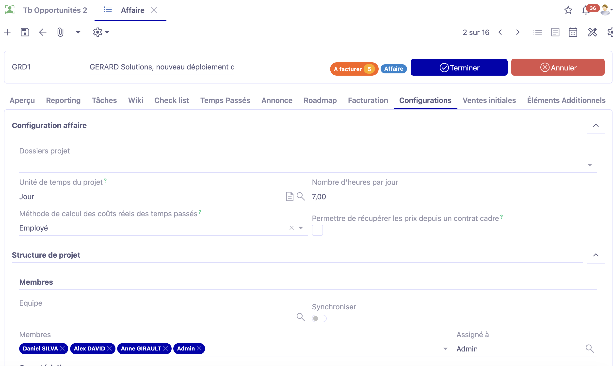 1.1. Accès: Gestion de projet → Affaires → Affaires → Onglet Configurations. Dans l'onglet Configurations, vous allez retrouver de nombreuses configurations relatives à l'affaire.