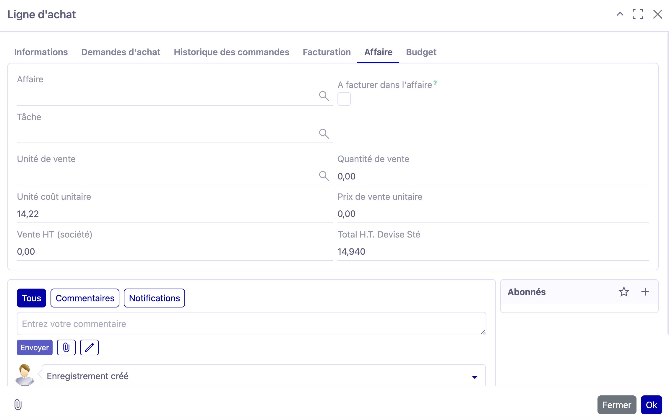 1.1. Sur un devis d’achat (accès: Achats → Demande d’achat interne / Devis fournisseur), dans les lignes d’achat (onglet Contenu, tableau Détail), ouvrez la ligne d’achat. Dans l’onglet Affaire, vous trouverez désormais des informations supplémentaires.