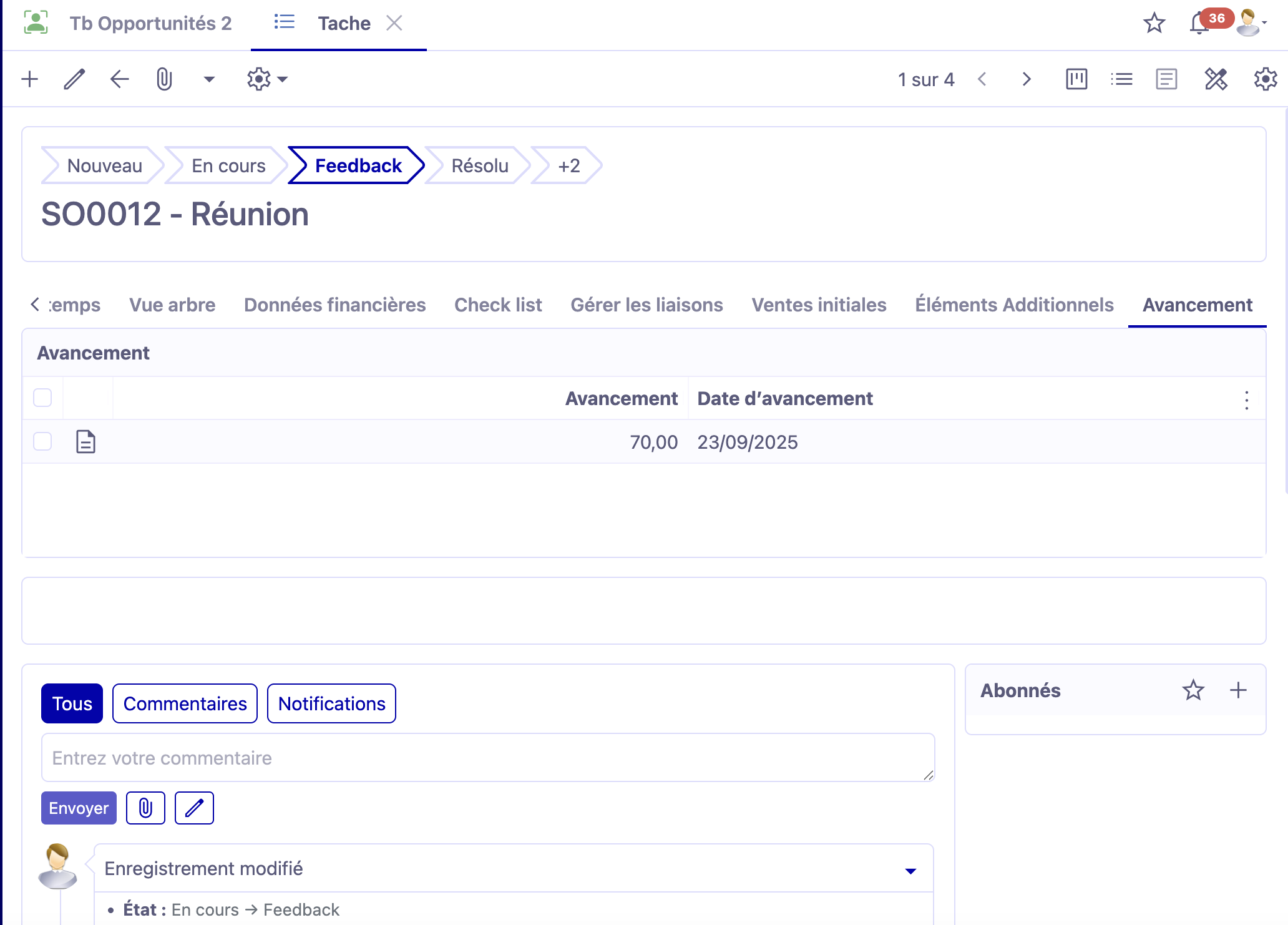 1.1. Désormais, l’avancement est pris en compte sur les tâches et les affaires en ce qui concerne la facturation. Accès: Gestion de projet → Affaire → Tâche d’affaire → onglet Avancement