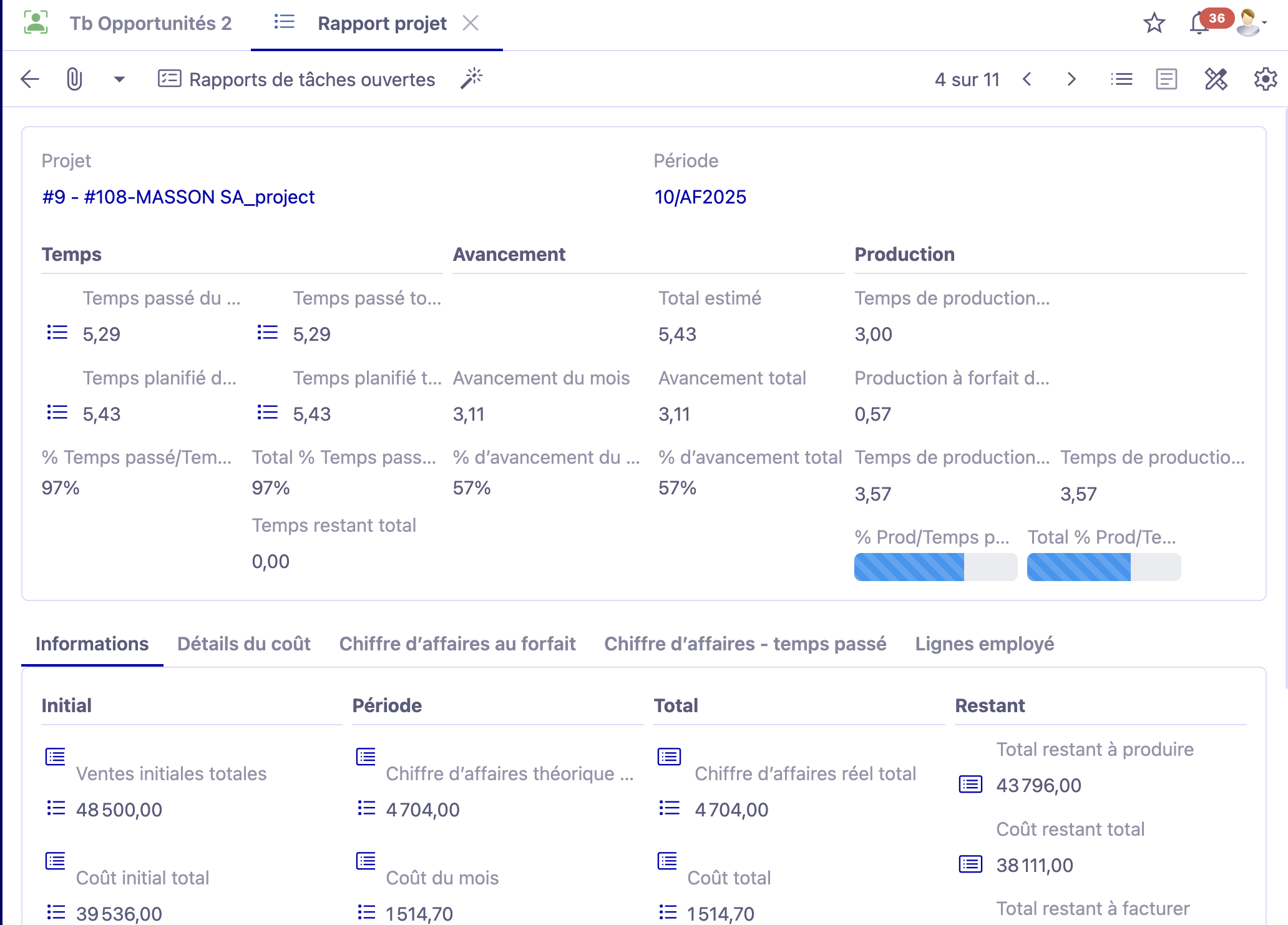1.1. Sur l'image : un rapport de projet. Accès: Gestion de projet → Reporting projet général → Rapports projet