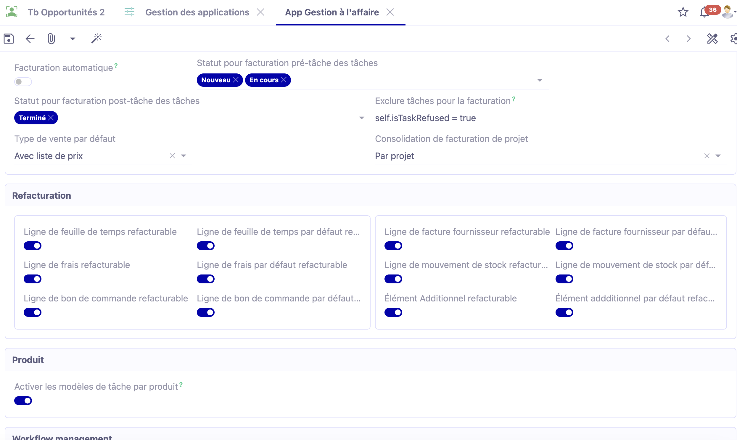 1.1. Dans la partie Refacturation (Reinvoicing), activez ou désactivez la refacturation sur différents éléments liés au projet commercial. Accès: Config applicative → Gestion des applications → Gestion à l’affaire, configurer → activer les options dans la partie Refacturation