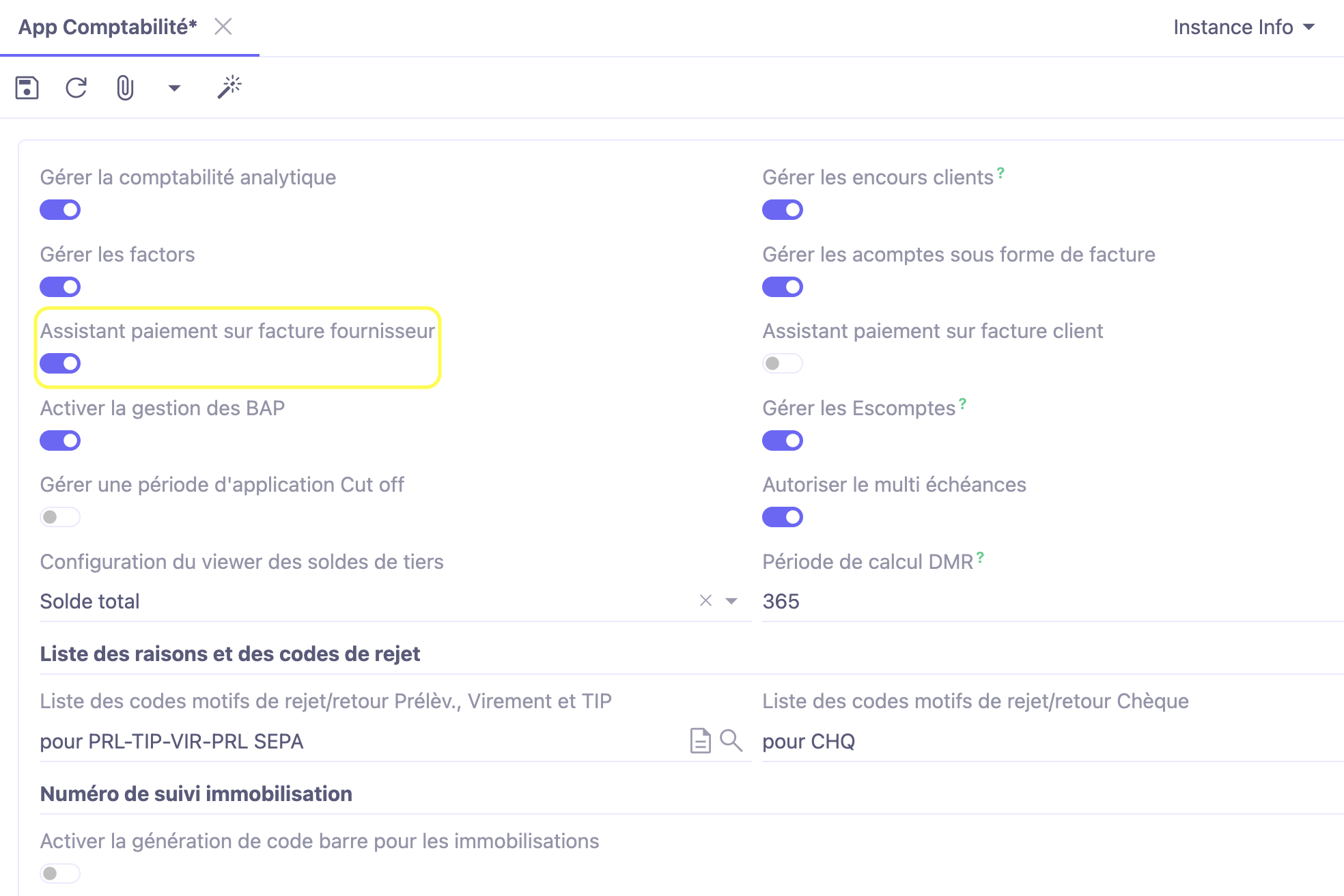 1.1. Accès : Config applicative → Gestion des applications → Comptabilité, configurer → activez “Assistant paiement sur la facture client” et “Assistant paiement sur la facture fournisseur”.