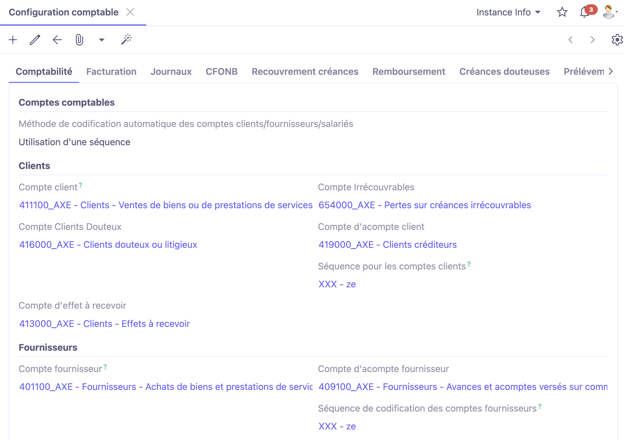 1.1. Accès : Config applicative → Utilisateurs / Société → Société → cliquez sur les configurations des Comptes comptables.