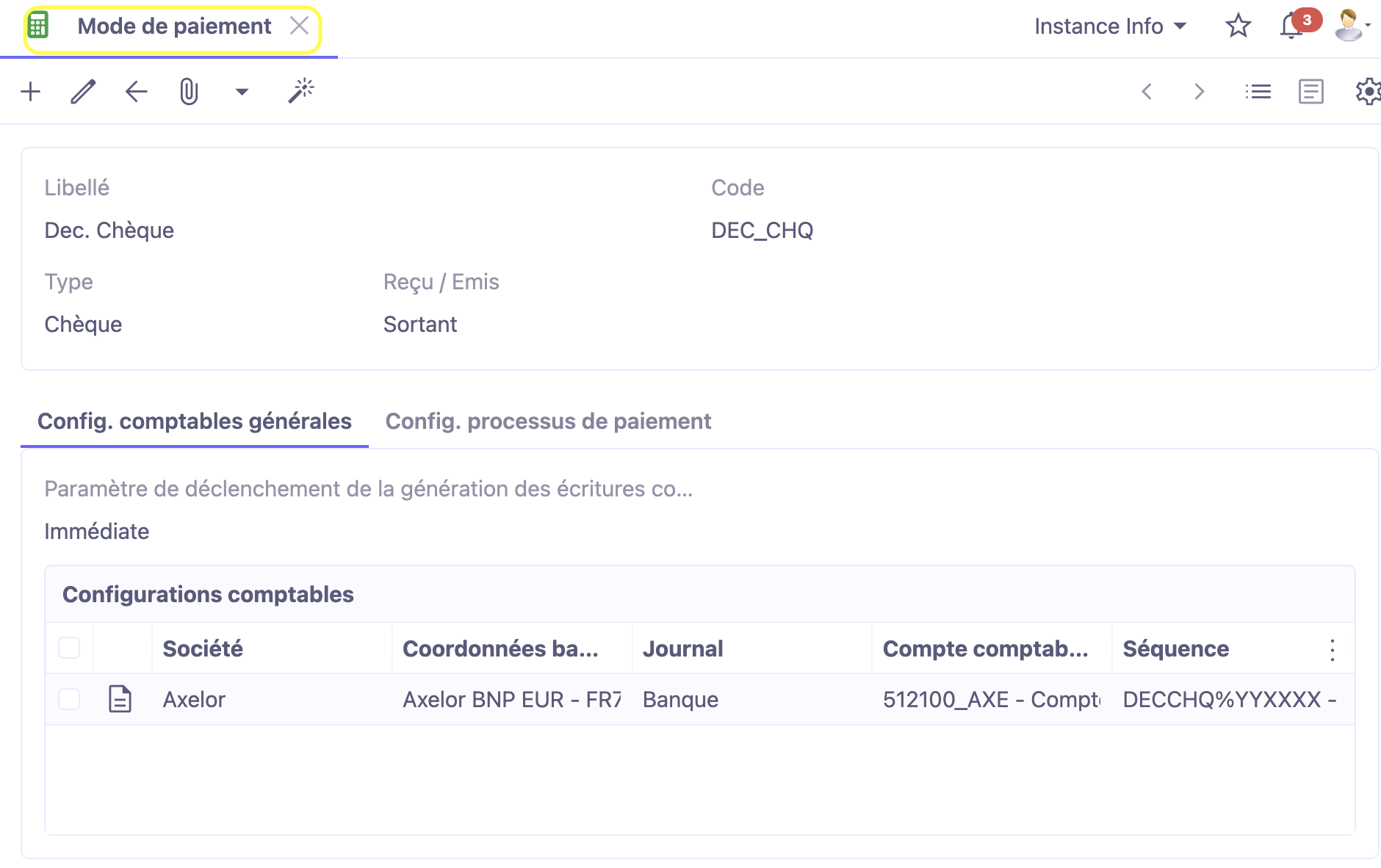 1.1. Accès : Comptabilité → Configuration → Paiements → Mode de paiement.