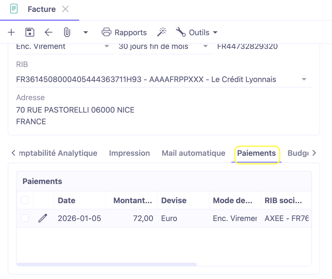 1.1. Accès : Facturation → Factures client → cliquer sur l’onglet Paiement.