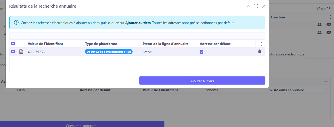 Fenêtre Résultats de la recherche annuaire.
