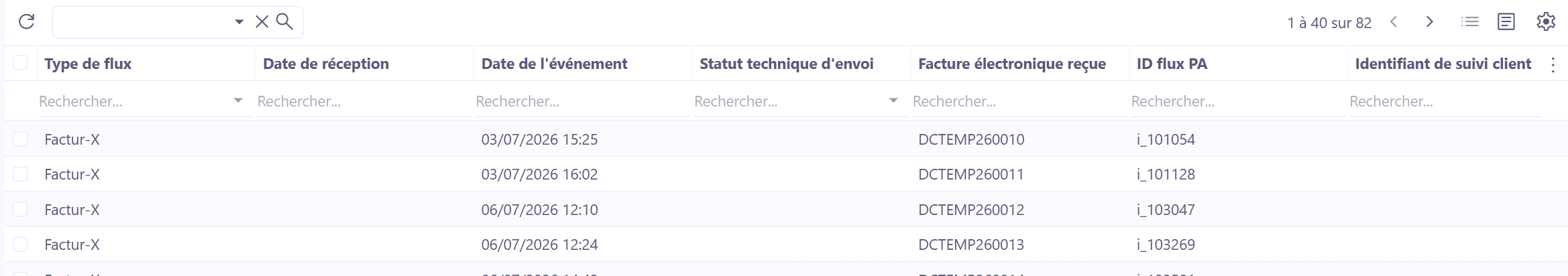 Vue Flux entrants non rapprochés.