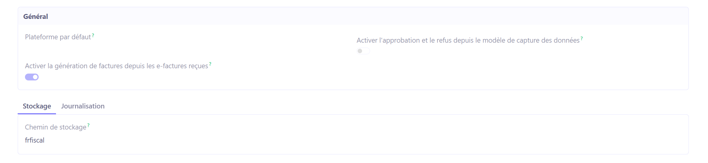 Configuration de l'application Facturation électronique.