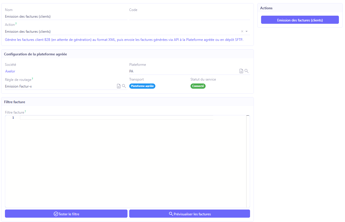 Batch Emission des factures (clients) : panneau Filtre facture et ses boutons Tester le filtre et Prévisualiser les factures.