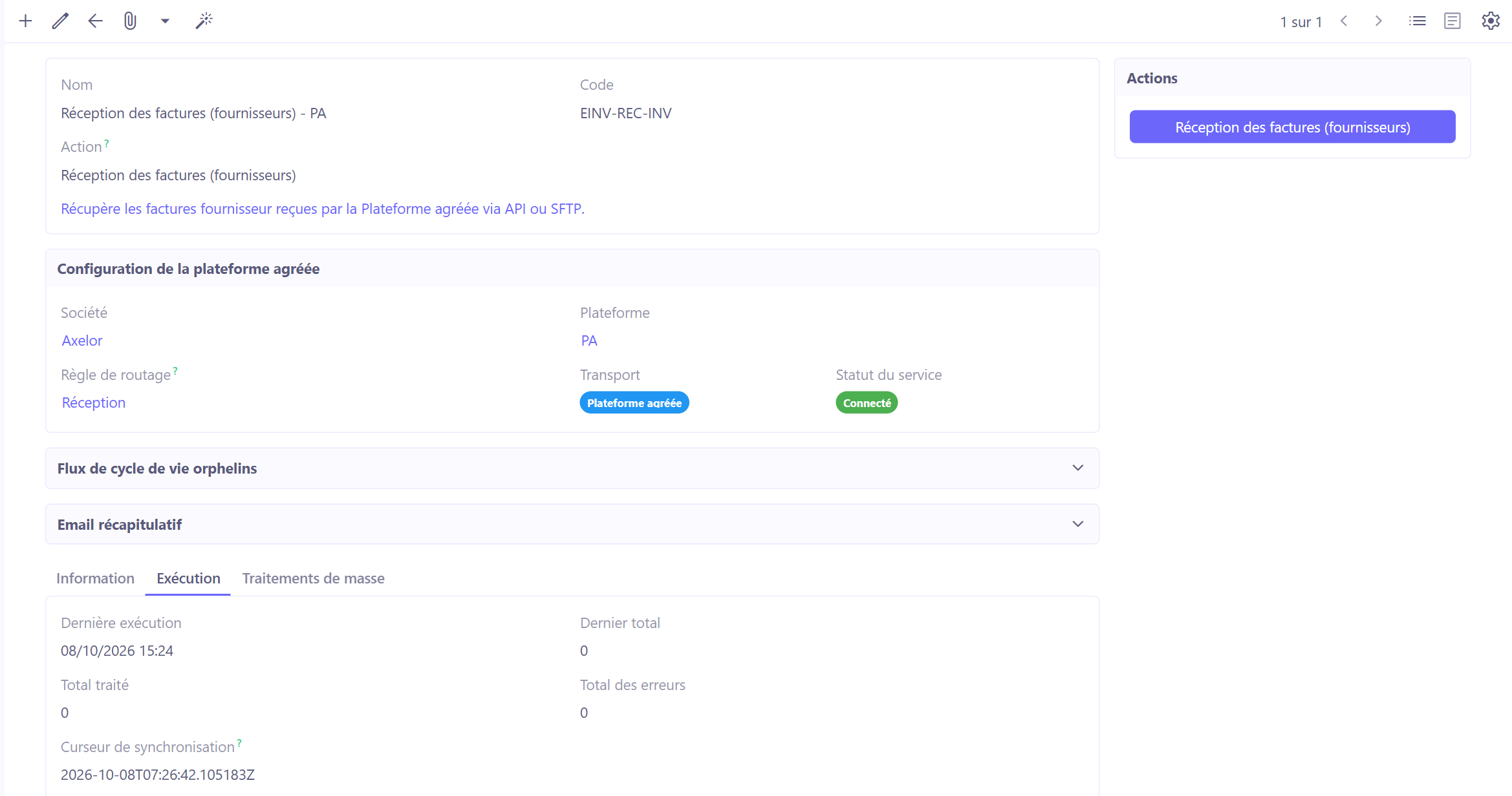 Batch Réception des factures (fournisseurs) : action, configuration de la plateforme agréée, panneaux de l'action et onglet Exécution.
