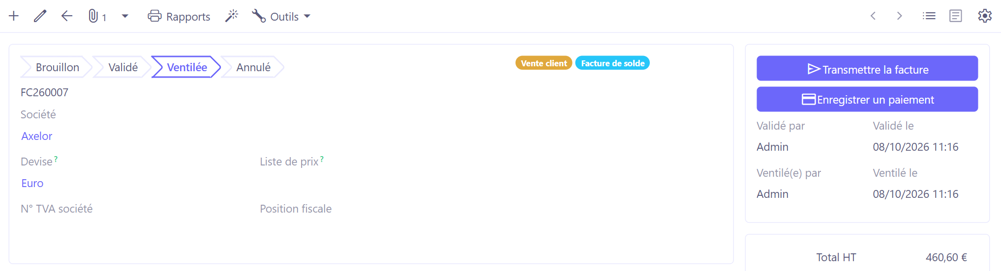 Bouton Transmettre la facture sur une facture client ventilée.