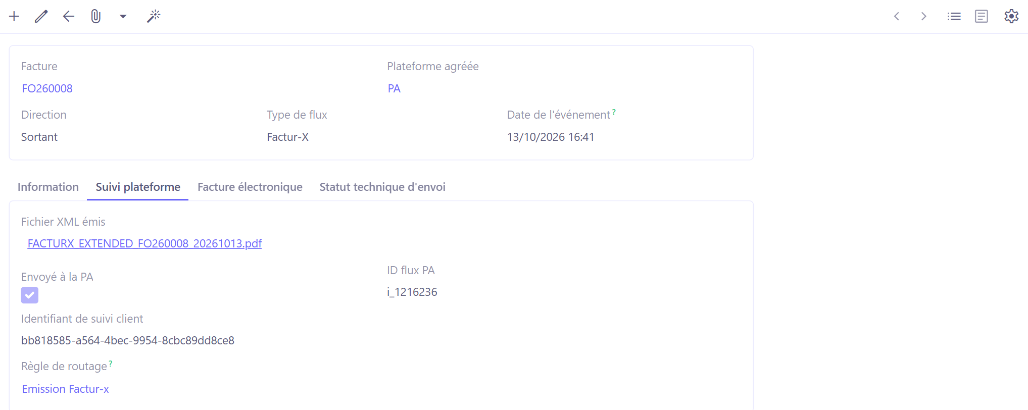 Fiche d'un flux sortant : onglet Suivi plateforme.