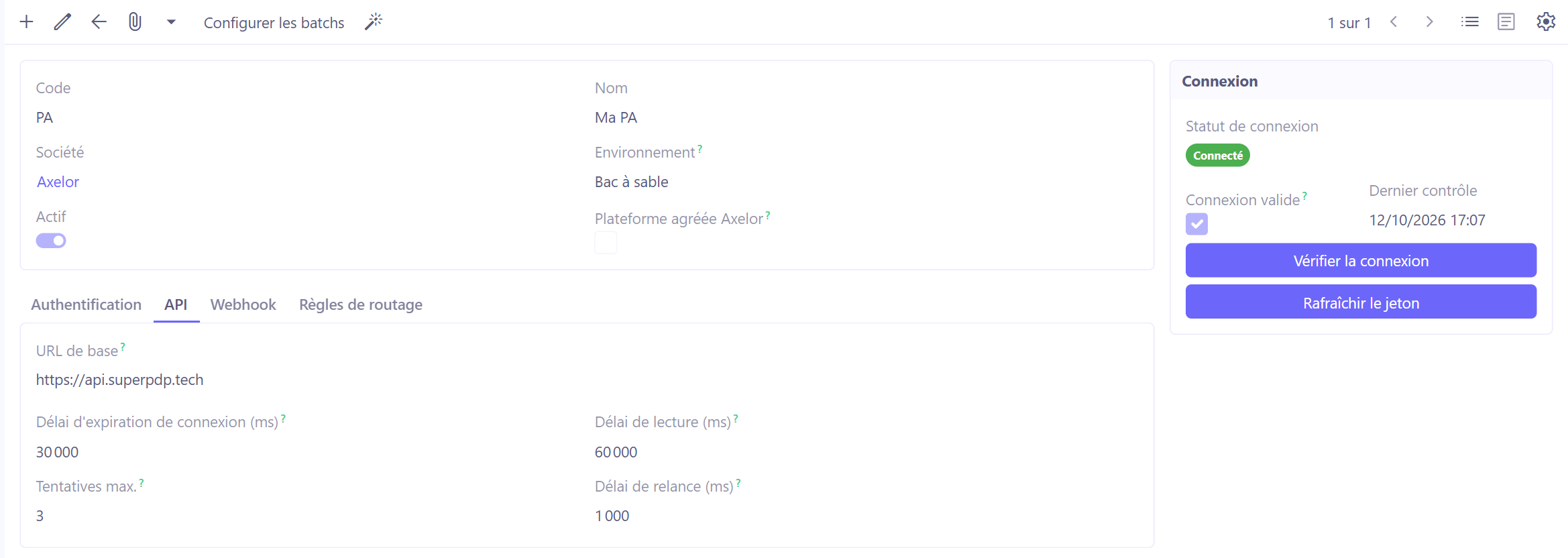 Onglet API de la plateforme agréée.
