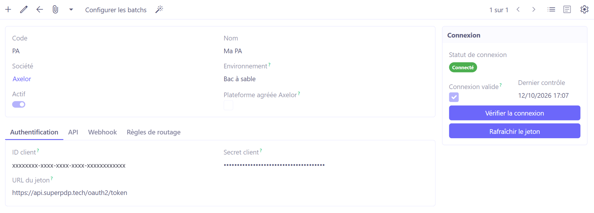 Fiche d'une plateforme agréée : en-tête, onglet Authentification et panneau Connexion.