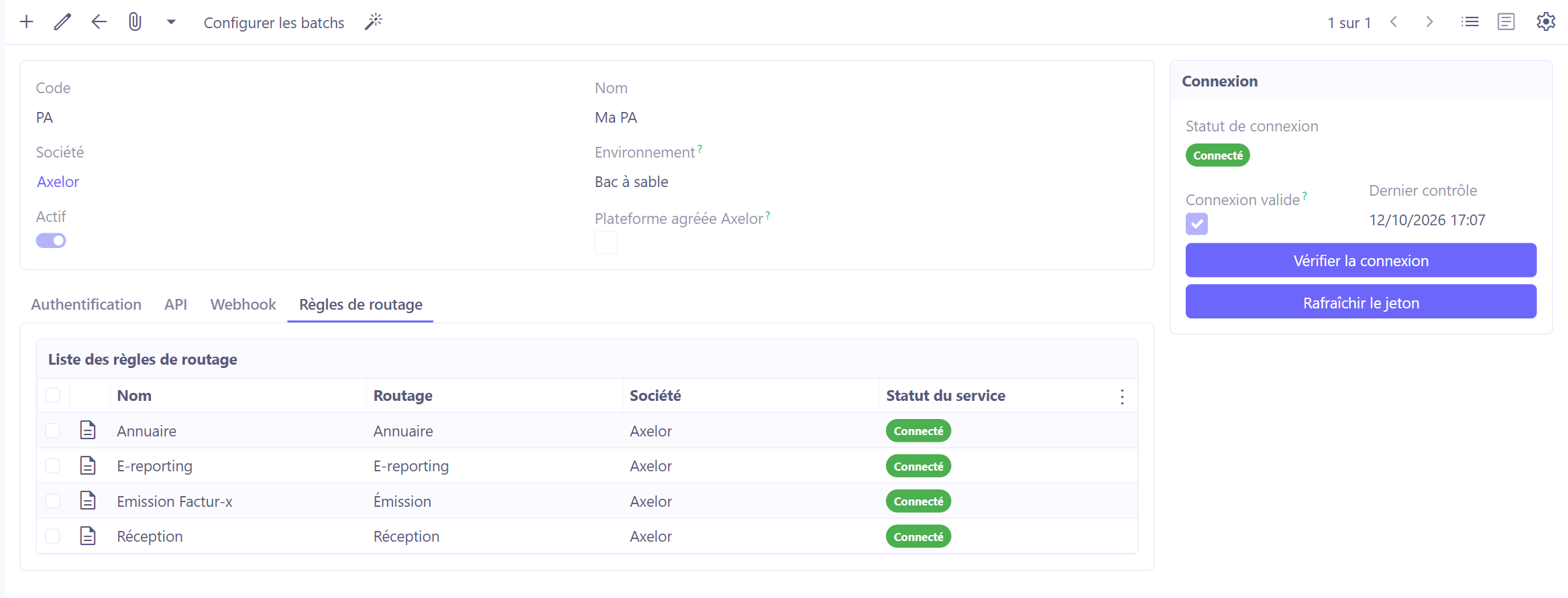 Onglet Règles de routage de la plateforme agréée.