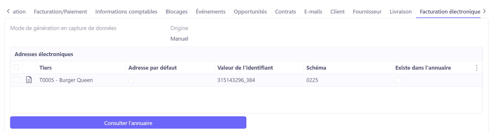 Onglet Facturation électronique de la fiche tiers.