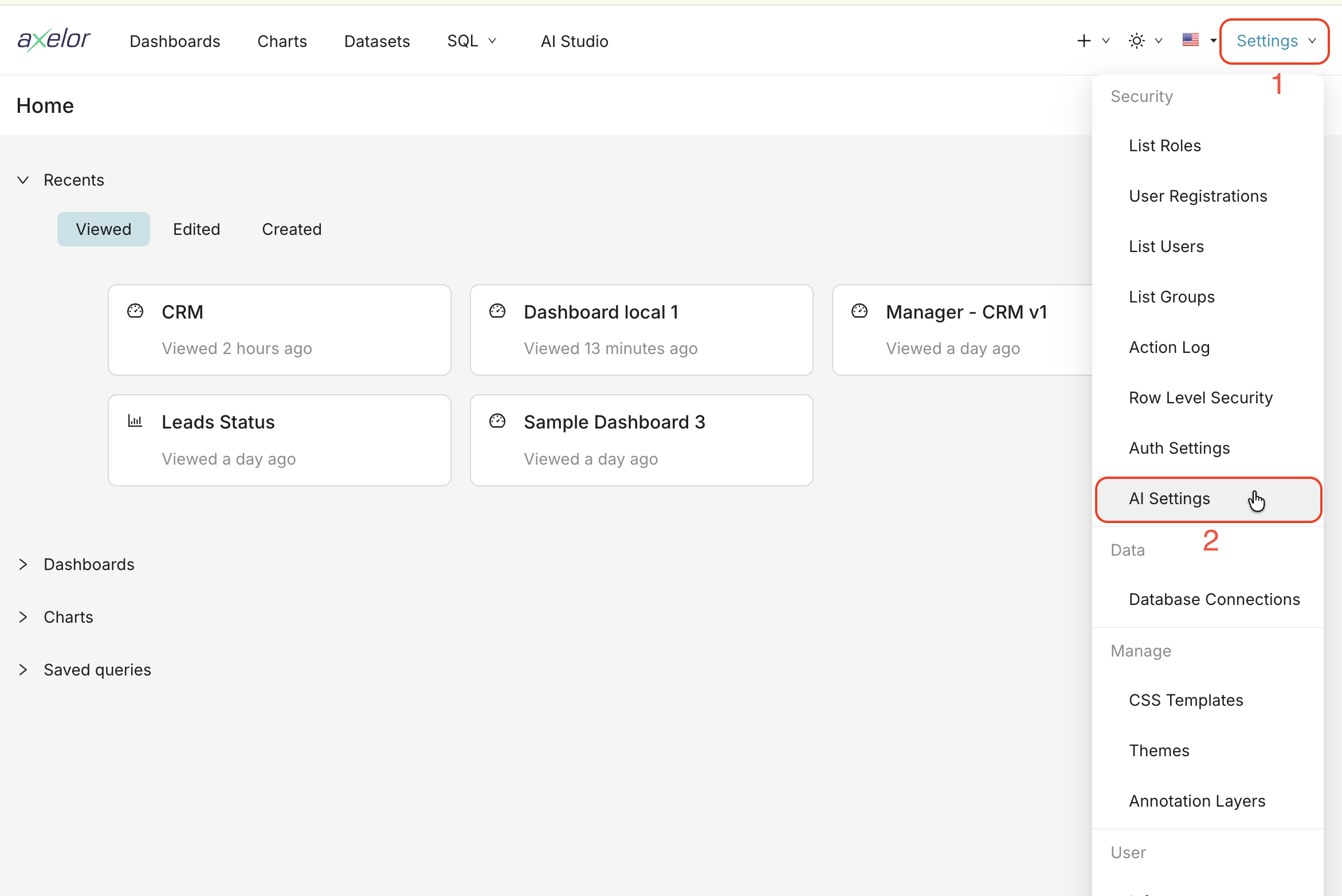Navigation menu with dropdown highlighting AI Settings