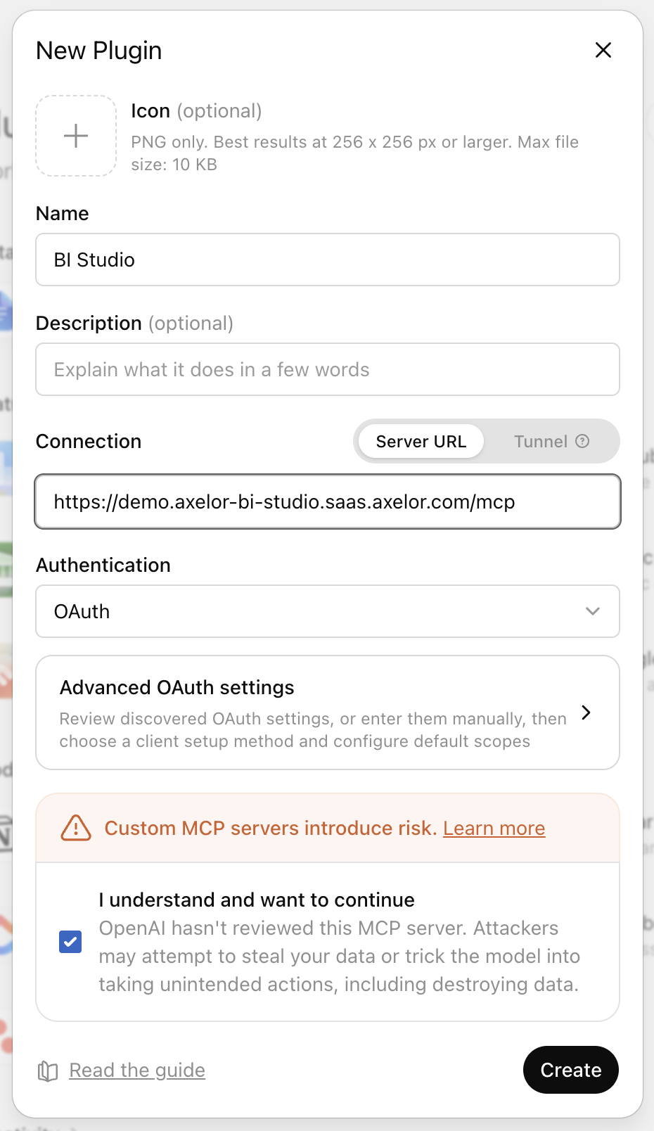 ChatGPT MCP app settings and BI Studio sign-in flow