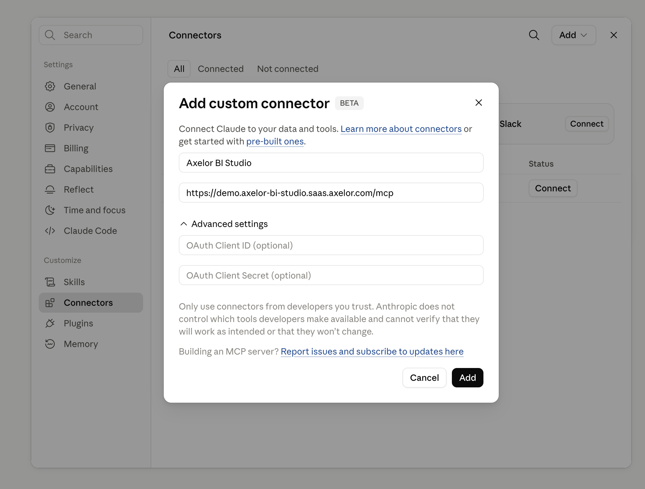 Claude connector creation page with MCP server URL field