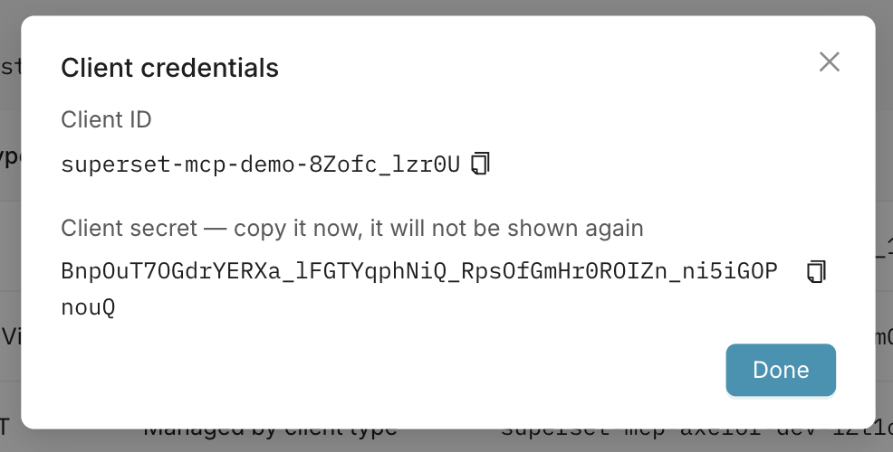 BI Studio MCP client credentials (Client ID and Client secret) after client creation